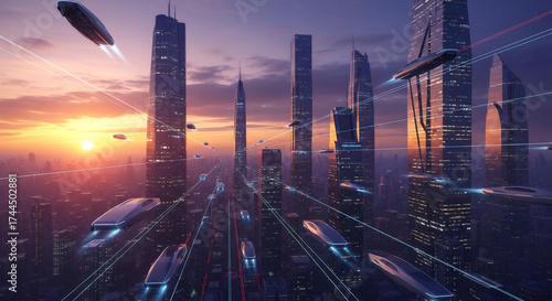Futuristic city skyline at sunset with flying vehicles. Concept of future urban transportation and modern architecture. Sci-fi cityscape.