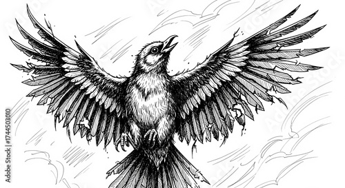 Vintage hand-drawn bird in flight illustration, pen and ink drawing representing freedom and grace