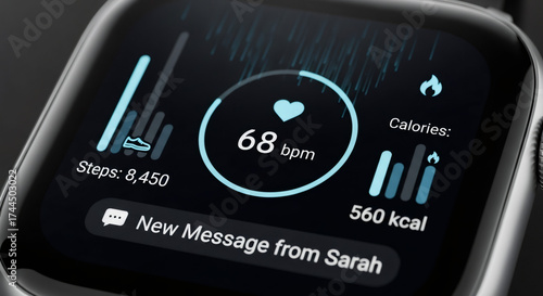 Smartwatch displaying fitness data including heart rate, steps, and calories. Wearable technology for health monitoring and notification display.