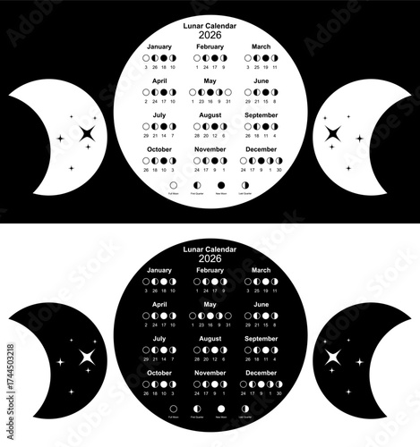 Moon calendar 2026 and Moon Phases. Lunar phases schedule and cycles, poster template design printable, triple goddess wiccan style vector illustration isolated on white or black background