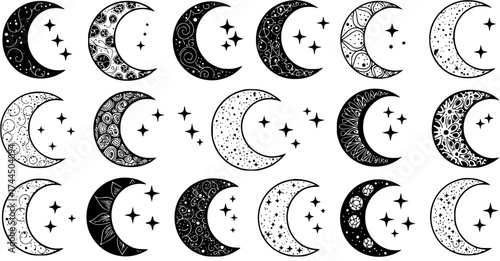 Set of diverse black and white crescent moons and stars with various intricate patterns, designs, and speckles, ideal for celestial, spiritual, or mystical themes.