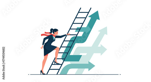Businesswoman climbing a ladder towards success and growth with upward arrows