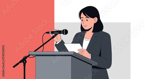 Businesswoman Giving Speech At Podium With Microphone During Conference Event Presentation