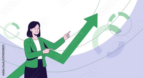 Businesswoman Highlights Ascending Progress with Upward Arrow and Data Visualization Charting