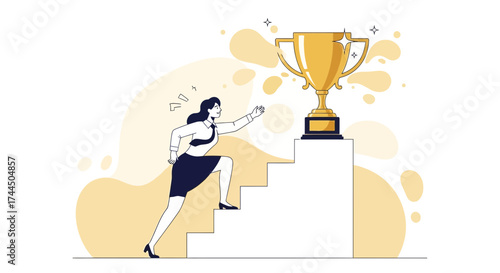 Businesswoman Climbing Stairs Toward a Trophy, Success and Achievement Concept