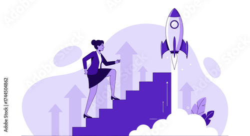 Businesswoman Climbing Stairs Toward Rocket Launch Representing Career Advancement