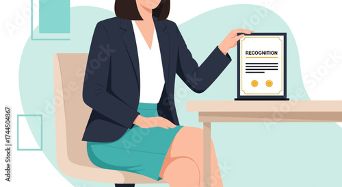 Businesswoman Holding a Certificate to Recognize Achievement and Professional Success Representation