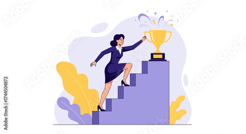 Businesswoman climbing stairs towards a golden trophy representing success and achievement