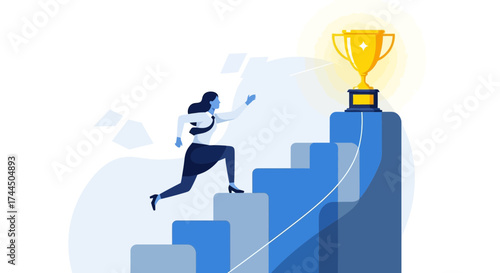 Businesswoman Climbing Stairs Towards Trophy: Success, Achievement, and Goal Conceptualization