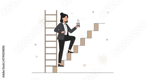 Businesswoman Climbing Stairs With Coffee Representing Career Progression