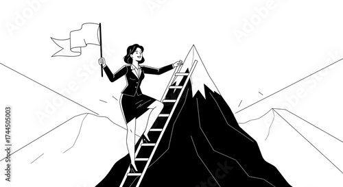 Businesswoman Climbing to the Top of Mountain Reaching to Flag Success Concept