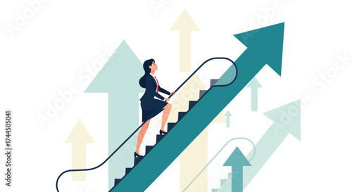 Businesswoman Climbing Up Arrow-Shaped Escalator Achieving Success and Reaching Goals