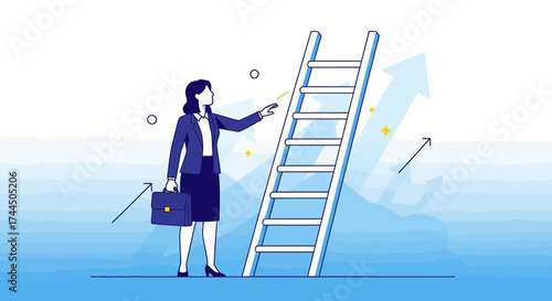 Businesswoman Looks Towards Career Ladder Representing Growth, Success, and Advancement