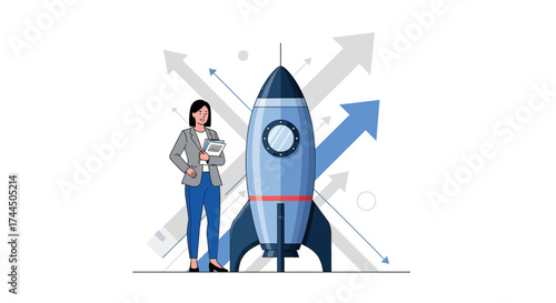 Businesswoman Next To A Rocket Symbolizing Startup Progress and Expansion in the Future