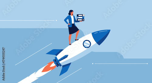 Businesswoman on rocket launching into success representing business and innovation