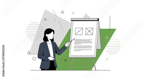 Businesswoman Presenting Data On A Flip Chart With Geometric Shapes And Simple Colors