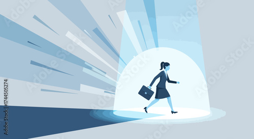 Businesswoman Emerges From Spotlight, Ready To Advance With A Briefcase And A Mission
