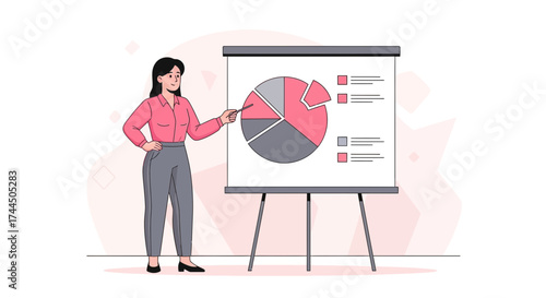 Businesswoman Presenting Data Visualization on a Whiteboard in Modern Illustration Design Style