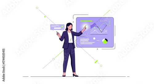 Businesswoman Explaining Charts and Diagrams, Statistical Analyses and Futuristic Presentation