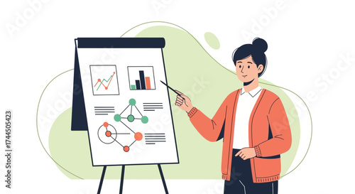 Businesswoman Explaining Complex Data Visualization on a Presentation Board During a Meeting