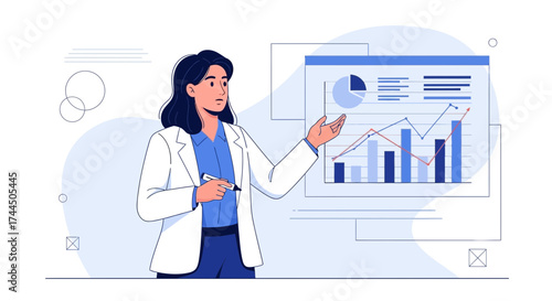 Businesswoman Explaining Data Analysis And Presenting Statistical Information With Charts