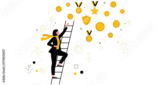 Businesswoman Scaling Ladder To Get Awards, Achieving Goals, Ambition And Perseverance