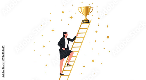 Businesswoman Scaling the Ladder of Success Towards a Golden Trophy Award
