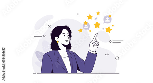 Businesswoman showing a star rating concept to explain customer satisfaction and feedback