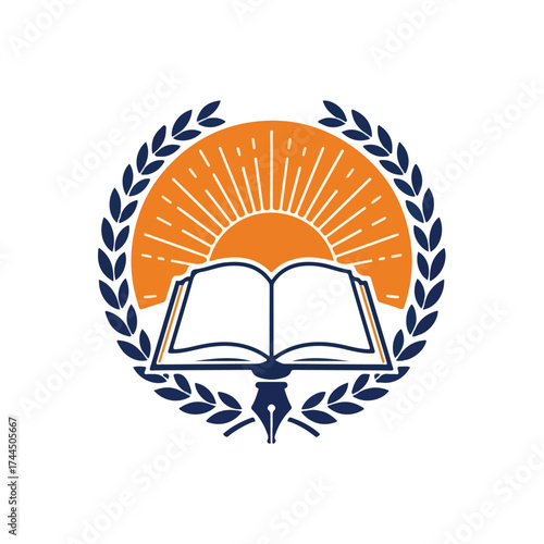 Classic education logo with an open book, a laurel wreath, and a rising sun, symbolizing knowledge, learning, achievement, and wisdom, ideal for schools, universities, or educational institutions.
