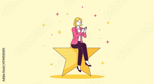 Businesswoman Sitting Atop A Star, Illustrating Recognition And Achievement Goals