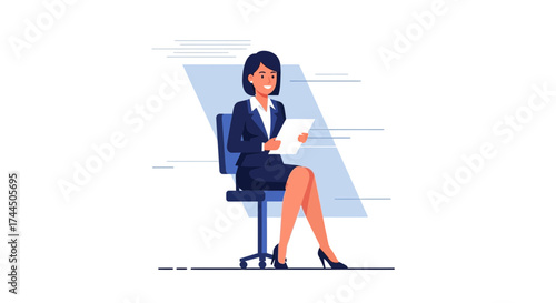 Businesswoman Sitting In Chair Reading Documents, Focused And Ready For Action