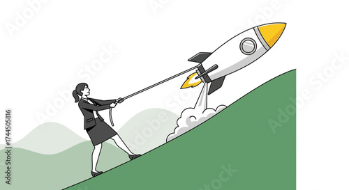 Businesswoman Steering Rocket Upwards, Representing Ambitious Goals and Determination