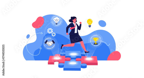 Businesswoman Succeeding and Progressing Towards Success, Reaching the Goal on Puzzles