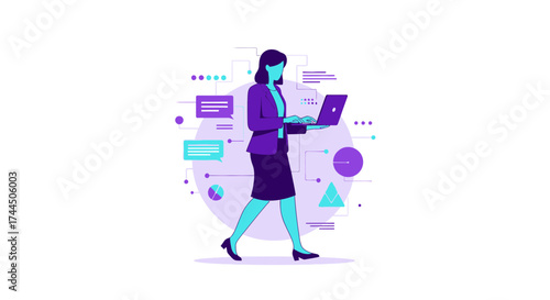 Businesswoman working on laptop walking while surrounded by information graphics