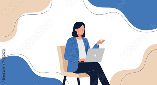 Businesswoman working on laptop and presenting with abstract background for design