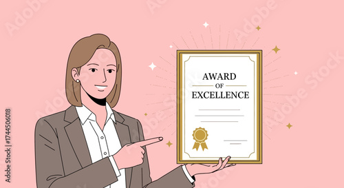 Businesswoman presenting an award of excellence certificate for achievement and success