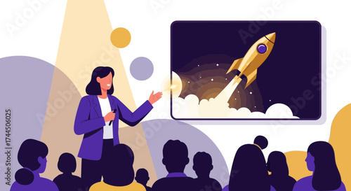Businesswoman Presenting Rocket Launch and Project with Audience Education and Startup Illustration