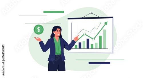 Businesswoman Presenting Statistical Data Analysis and Financial Growth Charts on Board