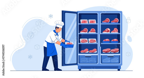Butcher placing meat in the refrigerator for storage and preservation of food products