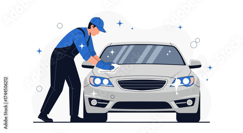 Car Wash Illustration: A Man Cleaning an Automobile for Professional Detailing Services