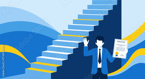 Career Advancement: Businessman Celebrating Success After Climbing Stairs to Achievement