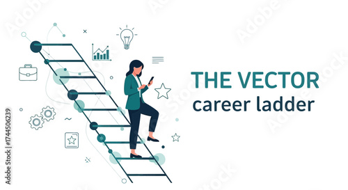 Career Progression Depicted Through Vector Illustration With Professional Lady Ascending Ladder