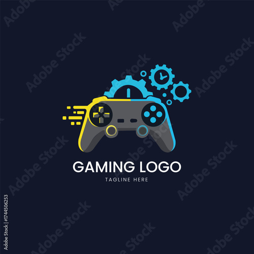 Stylized gaming logo with a console controller and abstract gear elements, perfect for esports teams, gaming communities, streaming channels, or video game development studios.
