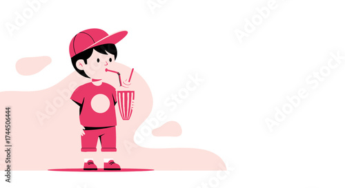 Cartoon illustration of a boy drinking a beverage with a red cap and t-shirt