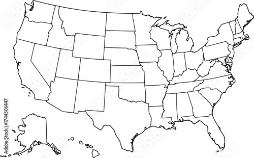 Outlined Map of the United States of America, Including Alaska and Hawaii
