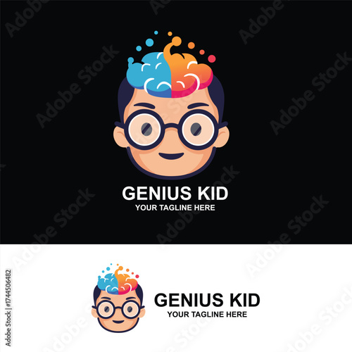 Creative genius kid logo featuring a child's head with colorful brain and education icons, symbolizing intelligence, learning, and bright ideas, perfect for tutoring, schools, or tech education.
