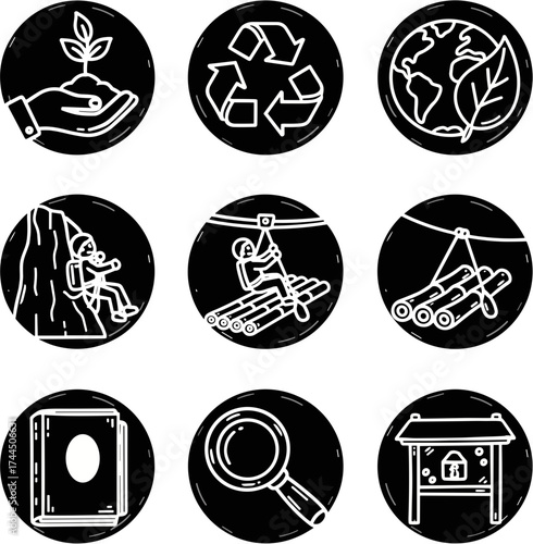 Hand drawn collection of environmental and outdoor adventure icons.