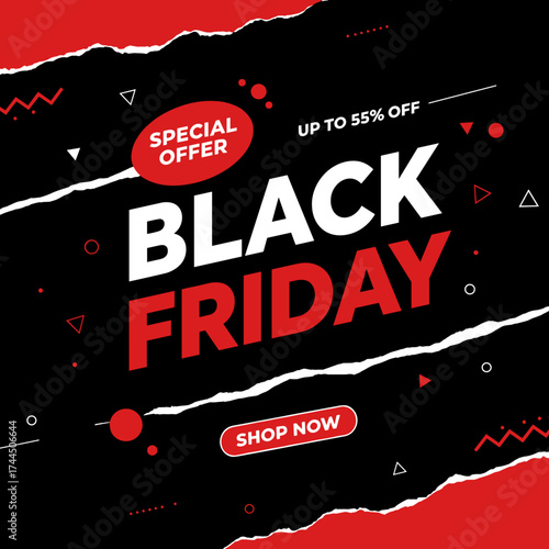 Dynamic Black Friday Sale Banner Design with Torn Paper Effect and Red Accents for Special Offer Promotion
