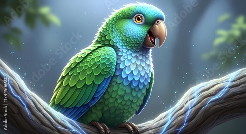 Tropical Rainforest Parrot Artwork with Realistic Feathers and Lighting
