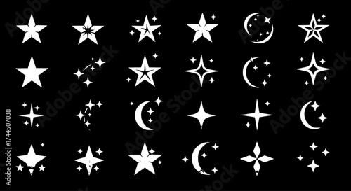Celestial Set: Collection of White Stars and Crescent Moons on Black Background